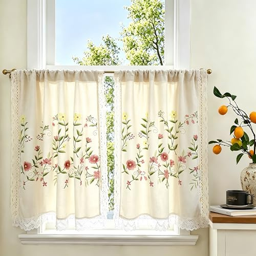 Daliena Scheibengardinen Blumen Stickerei Vorhang Beige Leinenoptik Kurz Kurzgardine Blickdicht, Küchen Gardine fur Fenster Landhausstil (BxH 110x40cm) Rosa 1 stück