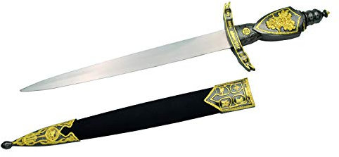 Mittelalterlicher Dolch S0194, Griff und Wächter mit goldenen Details, Griff mit Zeichnung eines zweiköpfigen Adlers und eines wuchernden Löwen, Länge 40 cm mit Stahlklinge, Schwarze Scheide