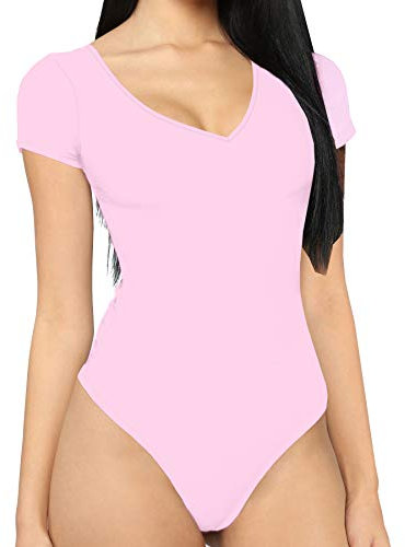 MANGDIUP Justaucorps basique à manches longues et col en V pour femme (7017 rose fluo, XL), rose