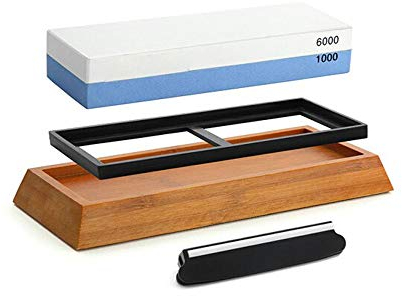 YLXD Schleifstein Wetzstein Set,2-in-1 Profi Abziehstein für Messer mit Körnung 1000/6000 inkl. Messerschärfer,Wasser Abziehstein auf rutschfest Silikonhalter Bambusblock und Läppstein