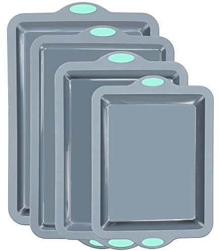 To encounter Silicone Baking Pans Set, 4 Pieces Nonstick Bakeware Set with Baking Pans, Baking Sheets, Cookie Sheets, Cake Pan with Metal Reinforced Frame More Strength, Light Grey