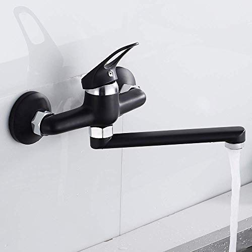 Grifo Cocina Pared Monomando Fregadero de Pared con Caño Largo Bajo Mezclador Agua de Fría y Caliente Negro Brillo para Cocina Baño y Lavandería(18cm)