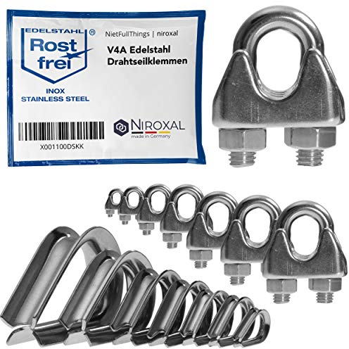 Morsetto per filo di acciaio inossidabile/morsetto per filo di ferro adatto a Ø 6 mm, in set con ditale abbinato, in acciaio inossidabile V4A, per cavo d'acciaio/filo d'acciaio/fune d'acciaio 4 pezzi