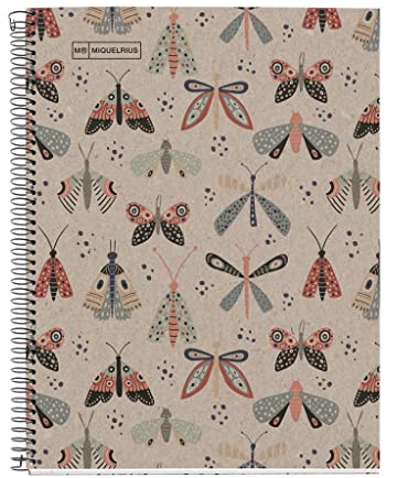 MIQUELRIUS - Notizbuch, 100 % recycelt, 1 farbiger Streifen, A4, 80 Blatt, kariert, 5 mm, Papier 80 g, 4 Bohrungen, Einband aus recyceltem Karton, Design Ecobutterfly