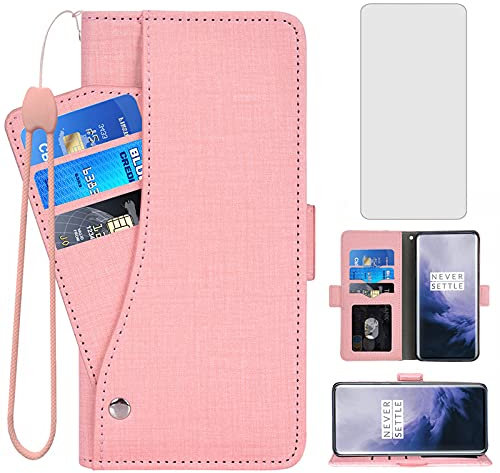 Asuwish Compatible with OnePlus 7 Pro Wallet Case Tempered Glass Screen Protector and Flip Cover Card Holder Cell Phone Cases for OnePlus7Pro 5G One Plus 1+7 1Plus OnePlus7 7Pro One+ 1 + Seven Pink