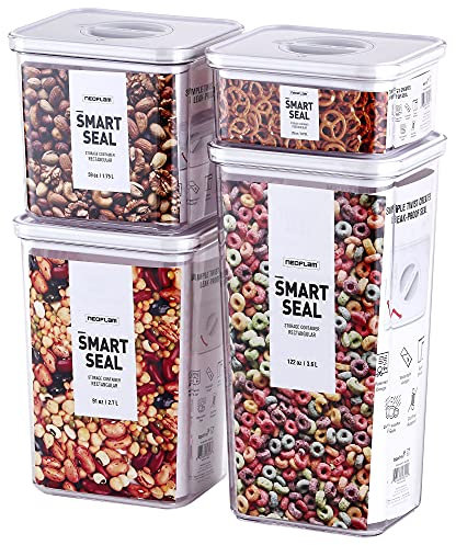 Neoflam Smart Seal Vorratsdosen-Set, rechteckig, extra groß, luftdicht, Kunststoff, transparent, einfache Drehung, 100 % auslaufsicher, spülmaschinenfest, BPA-frei, weißer Deckel, 4 Stück