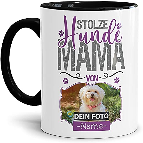 Tasse mit Spruch - Collage Hundemama - Für alle Hundefreunde und Hundebesitzer - mit Wunschname und Foto Personalisieren - Keramiktasse - Innen & Henkel Schwarz, 300 ml