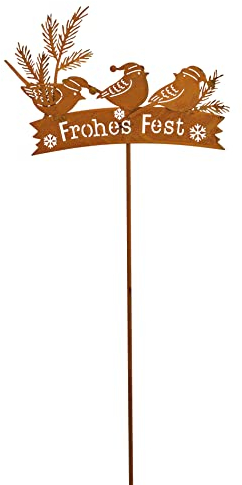 Gartenstecker Vogel im Winter mit Schriftzug Frohes Fest - Rostfigur für den Garten, Dekofigur, Weihnachten