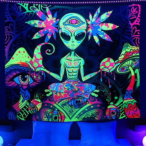 UV-reaktiver Schwarzlicht-Wandteppich mit Alien-Unkrautmotiv, Schwarzlicht, Pilzaugen, Wandbehang für Schlafzimmer, Raumdekoration, Ästhetik, Party-Poster, leuchtet im Dunkeln, 152,4 x 130,9 cm