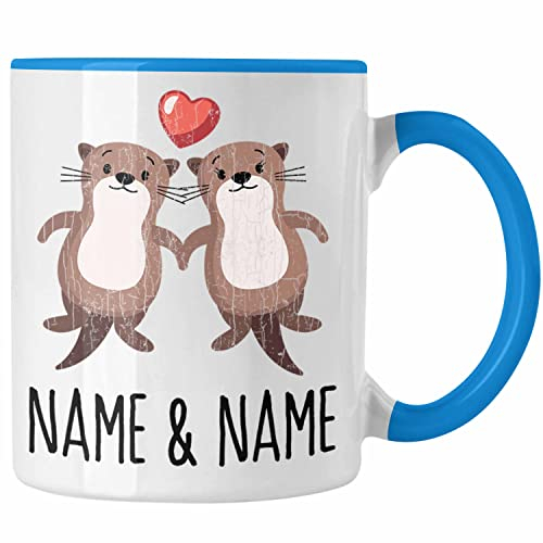 Trendation - Personalisierte Paar Tasse Freundin Geschenk zum Valentinstag Otter Liebe Paare Geschenkidee Liebeserklärung Wunschnamen (Blau)