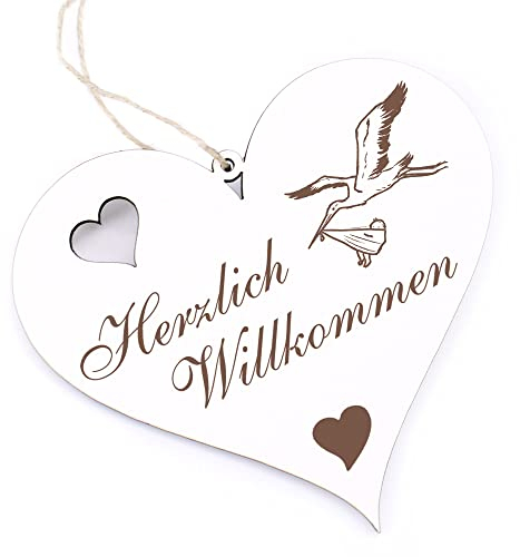 Herzlich Willkommen Schild - Storch mit Baby - Deko Herz Holz Willkommensschild Türschild Dekoschild Türdeko