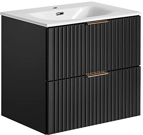 Lomadox Badmöbel Waschtisch Set 61cm mit Keramik Waschbecken, Unterschrank matt schwarz mit gerilllter Front, Badschrank mit 2 Softclose-Auszügen, B/H/T ca. 61/58,5/46 cm