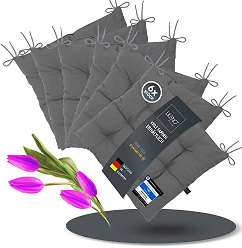 LILENO HOME 6er Set Stuhlkissen 32 Dunkelgrau (40x40x6 cm) - Sitzkissen für Garten, Küche oder Esszimmer - UV-beständige Indoor u. Outdoor Stuhlauflage als Stuhl-Kissen (Linda FUM)