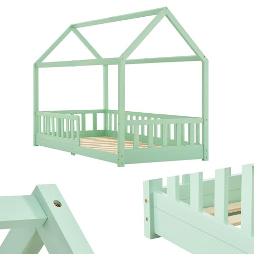 Juskys Kinderbett Marli 90 x 200 cm mit Rausfallschutz, Lattenrost und Dach - Massivholz Hausbett für Kinder - Bett in Mint