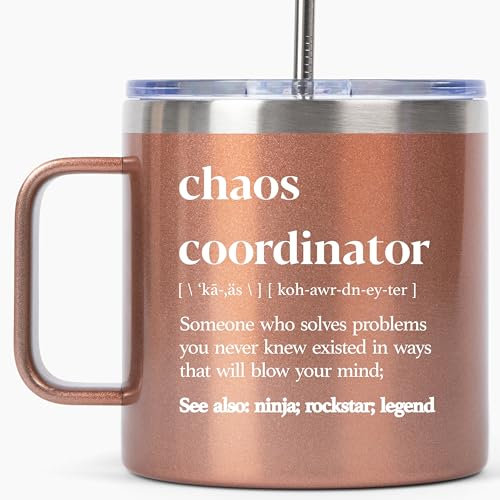 Chaos Coordinator - Vaso de oro rosa de 14 onzas, idea de regalo única para mujeres jefas, ella, mejor mamá, compañera de trabajo, gerente de oficina, profesora, jefa, oficina, planificador de bodas,