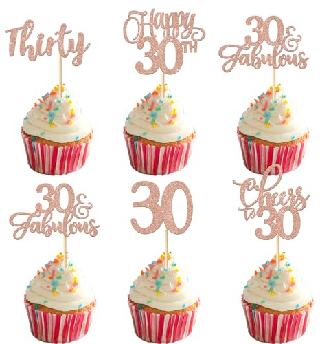 Xsstarmi 30 Pack Happy 30th Birthday Cupcake Toppers Glitter Cheers to 30 Years Thirty 30 Fabulous Cupcake Food Picks for Happy 30th Birthday Wedding Anniversary Party Cake Decorations Rose Gold