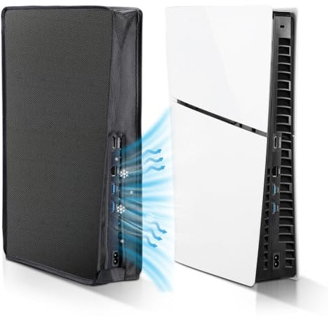 Housse anti-poussière pour PS5 Slim, conçue sur mesure pour Playstation 5 Slim Disc et édition numérique avec coton épais découpé avec précision, port de câble facile d'accès (position verticale)