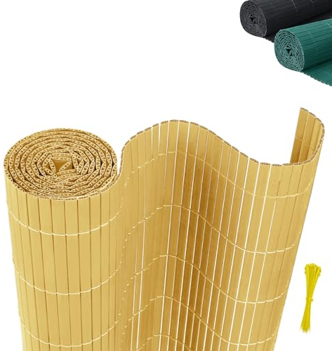 AufuN Sichtschutzmatte PVC Sichtschutzzaun 90x500cm - mit Kabelbindern Standard Sichtschutz Bambus Windschutz für Garten Balkon und Terrasse-Interne W-Struktur Verstärkte Lamellen (Bambus)