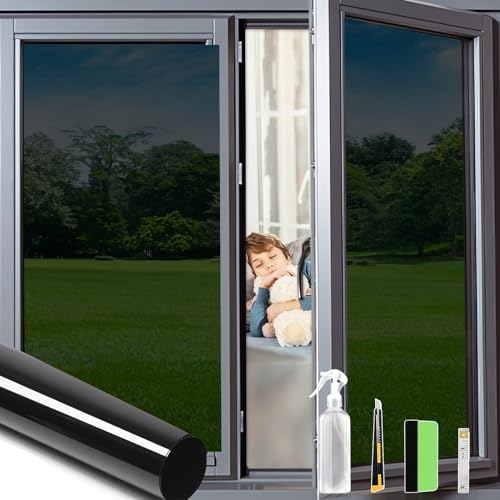 OFHome One Way Window Film Privacy with Installation Tools, Reflective Mirror Tint for Home and Office, Anti UV Sun Blocking Blackout Daytime Self Adhesive Glass Tinting, Black, 30x200cm