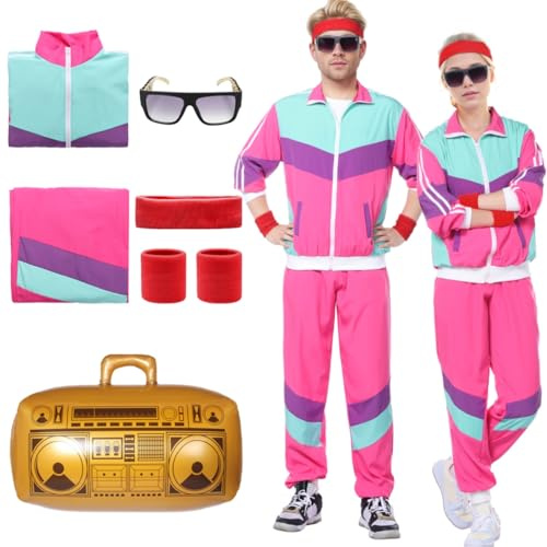 Suffolly 90s Fancy Dress Costumes,Shell Suits for Men Women,Retro 80s Fancy Dress,Halloween Costumes Adult Couples,Tracksuit for Halloween,Disco,Stag Nights,Holidays,Theme Party(Rose, S)