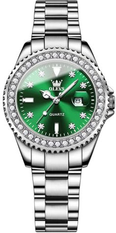 OLEVS Armbanduhr Damen Klassisches Silberne Edelstahl Analoger Quarz Uhr Großes Gesicht Grün Zifferblatt Luxus Diamant Damenuhr Eleganz Wasserdicht Leuchtend mit Datum Damen Uhren