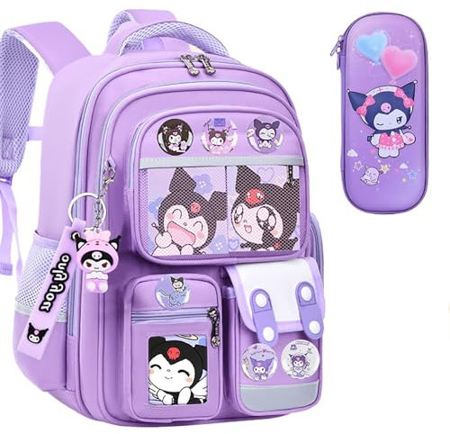 Ragazzi e ragazze sacchetto di scuola e astuccio 2 pezzi set, scuola elementare adolescente Kawaii borsa con carta distintivo e simpatico ciondolo,Style 4+pencil case,lager