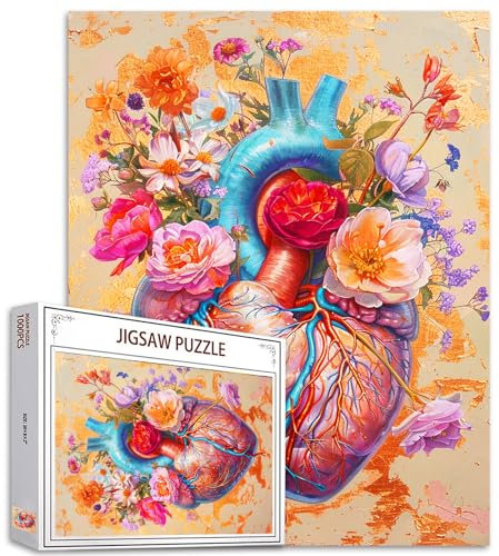 1000 Teile Puzzle für Erwachsene Herausforderndes Puzzle Perfekt Spiel Romantik Blumen Herz Puzzle Buntes schlagendes Herz Anatomie 1000 Teile Puzzle Kunst für Familie Spaß Erwachsene Puzzle Spiele