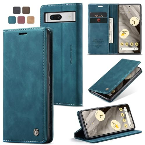 Owlhold Cover Magnetica per Google Pixel 7A - Custodia Portafoglio Flip Antiurto con Cavalletto e Fessure per Carte, in Pelle - Blu Verde