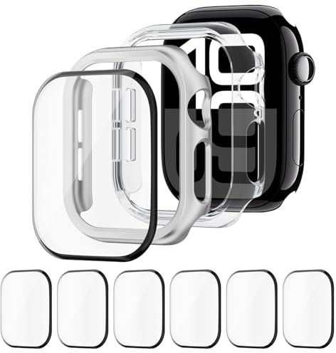 2 Unidades Funda + 6 Unidades HD Impermeable Protector de Pantalla para Apple Watch 42mm 46mm 44mm 40mm 45mm 41mm,Cubierta de Parachoques Case para iWatch SE Series 10/9/8/7/6/5/4 (NO para la serie 3)