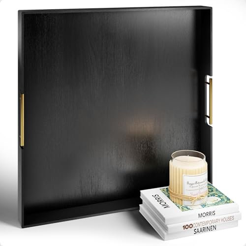 Large Ottoman Tray for Living Room - 22 x 22 Inch Wood Tray with Gold Metal Handles - Made from Real Wood with a Stain Resistant Finish - Decorative Trays for Coffee Table - Extra Large Ottoman Trays