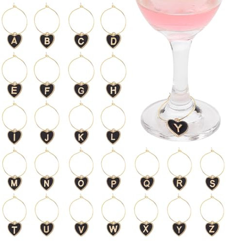 PH PandaHall 26 Sets Weinglas Anhänger Charms Schwarze Buchstaben Glas Charme Identifikation Getränke Markierungen Ringen Herz Emaille Charms für Wein Cocktail Champagner Verkostung Party Favors
