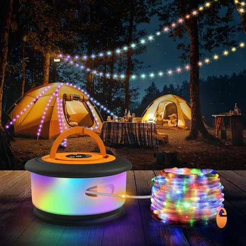 TOHETO 10 m Camping Lichterkette Aufrollbar, 3-in-1 Tragbare Wiederaufladbare LED, USB Aufladbar für Zelt Vorzelt Festival Dekoration (Schwarz&Orange)