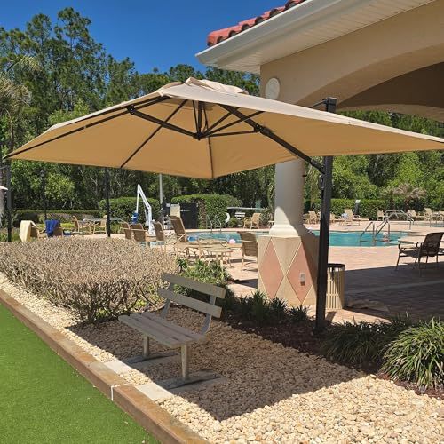 PURPLE LEAF Sonnenschirm 270 × 365 cm Eingebauter Griff UV-Schutz 50+ Beige | Rostfreier Alurahmen, Verdickter Schirmmast, mehr Windstabilität, 360° Drehung mit Fußpedal, Kurbelkomfort, Leichte Anpassung