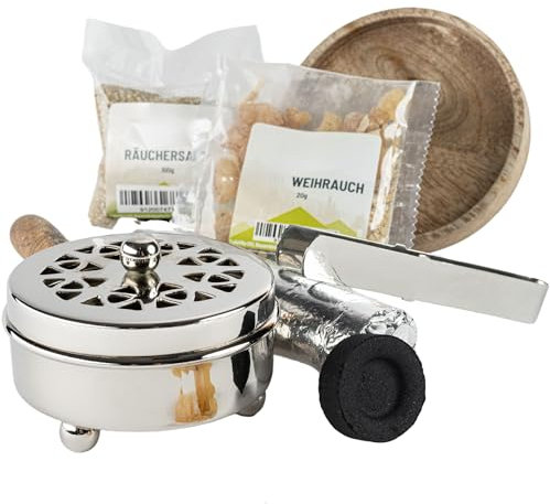 TRINTURA Räucherpfanne Set 6 teilig - Räuchergefäß zum Räuchern von Weihrauch, Harzen, inkl. Weihrauch, Räucherkohle, Räuchersand, Räucherzange (Silber)