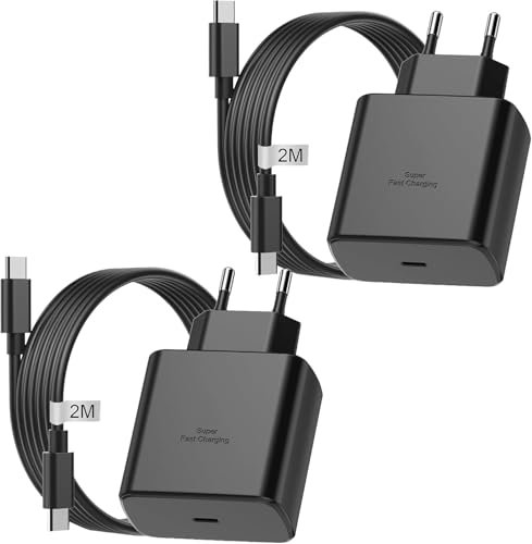 Lot de 2 chargeurs Chargeur Rapide 45W, Chargeur USB Type C avec Câble de 2m, Compatible Samsung Galaxy S24 Ultra/S23/S22+/S21 FE 5G/Note 20 Ultra/A53/A52/A72, Galaxy Tab S8+