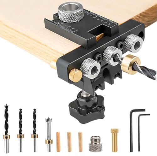 3 in 1 Pocket Hole Jig Kit, Adjustable Dowel Jig with 8/10/15 mm Drill Bit with Positioning Clip Adjustable Drilling Guide Puncher Locator for Woodworking DIY Panel Furniture Installation
