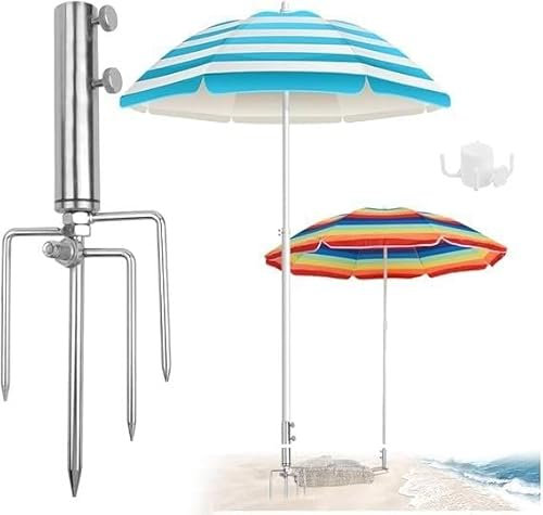 Soporte para Sombrilla de Playa, Base para Sombrilla de Acero Inoxidable con 4 Pinchos para Césped, Tapón de Pie para Sombrilla de Playa con Gancho de Quatro Esquinas