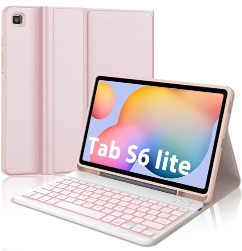SENGBIRCH Coque Clavier pour Samsung Galaxy Tab S6 Lite 10,4 2024 - AZERTY Français Clavier Rétroéclairé 7 Couleurs Détachable sans Fil Bluetooth, Étui pour Galaxy Tab S6 Lite 10,4, Rose Chair