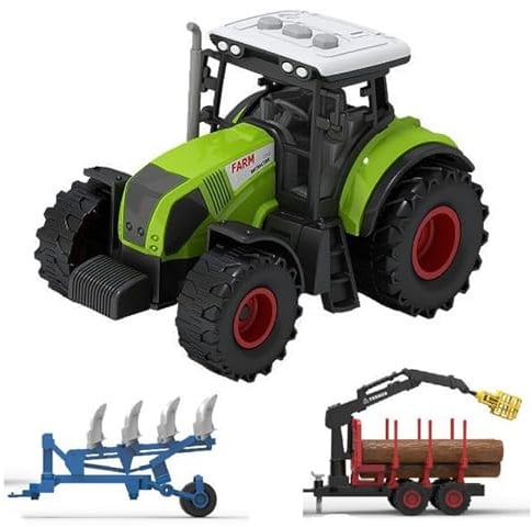LioMaxi Scala 1:36 macchinina agricola inerziale per bambini, trinciacaricatrice, azienda agricola, agricoltura，3 effetti sonori simulati, luci, trattore + 2 rimorchi (Trattore + morsetto per legno)