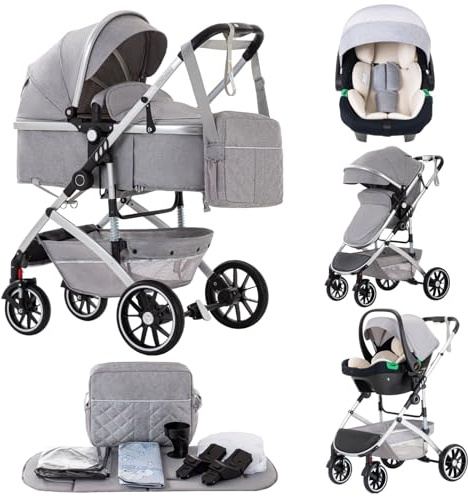 Lnhcrbs 3 in 1 Stroller, Stroller is a Quick One-Click Folding, High Landscape Baby Pushchair with an Enlarged Lie-Flat Seat (38.5cm), Baby Pushchair is Lockable on The Front Wheels(Light Grey)
