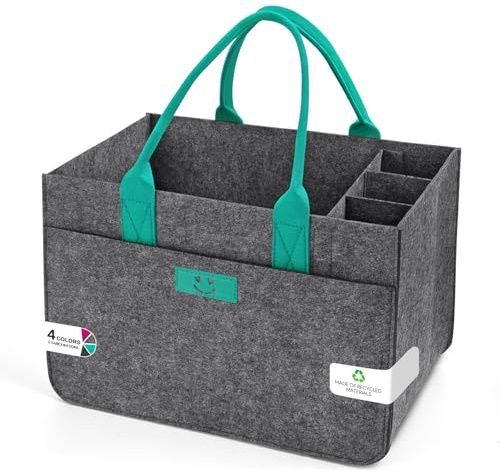 Eurhomewit Filz Einkaufskörbe Filztasche Groß 30L Einkaufskorb mit Fächern | Filz Einkaufskorb Faltbar Einkaufstasche, Vielseitig Filztasche Flaschentasche Kleiderkorb, Smiley Mittelgrau+Türkis/1 Stück