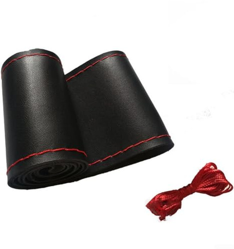 Lenkradbezug aus Leder, zum Nähen, 38 cm Durchmesser, hochwertiges Ledermaterial, Schwarz / Rot