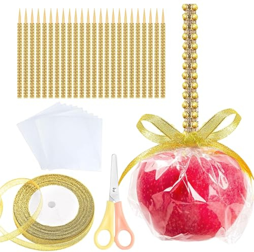 24 Pack Bling Candy Apple Sticks and Bags Kit – Caramel Apple Wooden Skewers with Clear Bags & Glitter Ribbons for Rice Krispie Treats, Cake Pops, Cookies, Corn Dogs, Party Favors (Gold)