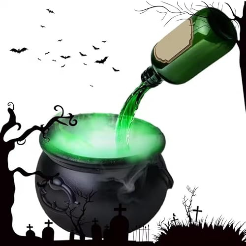 Halloween Witch Bucket, Black Cauldron Bucket with Magic Floating Potion Bottles and Diffuser, Plastic Witches Bowl, Cauldron Halloween Party Spooky Decor for Home Table Mantel Kitchen Room