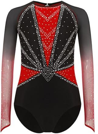 Yruioon Mädchen Turnanzug Glitzer Langarm Gymnastikanzug Strass Glänzend Eiskunstlauf Body Overall Sportbody Wettbewerb Tanzkostüm