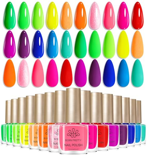 Born Pretty Nagellack Set Schnelltrocknend Neon - 15 Colors Grün Pink Gelb Orange Rot Lila Blau Glitzer Nagellack Ohne UV Lampe Frühling Sommer