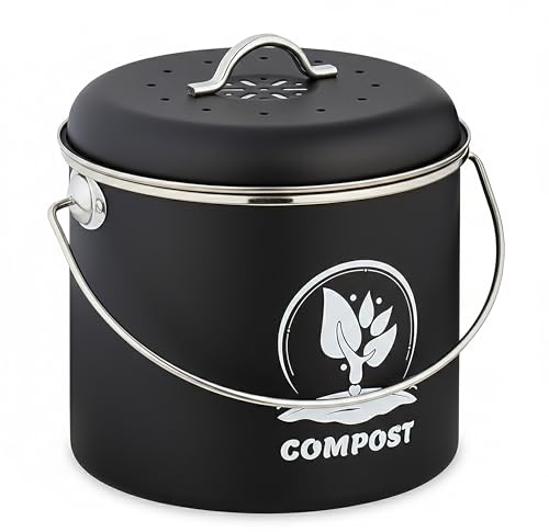 Relaxdays Kitchen Compost Bin, 3.5 Litres, Iron, 2 Charcoal Odour Filters, with Lid & Handle, Food Waste Caddy | With lid, handle, iron, organic waste container
