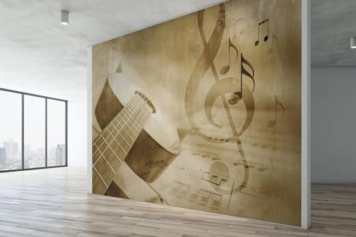Wall Murals Online Ltd Wall Mural Music Background with Guitar Sheet Music and Notes Musical Wallpaper Large Wall Decal (12604312, 130gsm Budget Paper, XXL 300cm Wide x 240cm high)