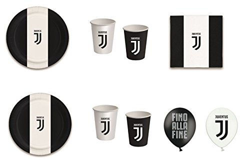 COORDINATO SPORT CALCIO F.C. JUVENTUS PER COMPLEANNO EVENTI ADDOBBI TAVOLA FESTA - kit n°13 Cdc- (24 PIATTI, 24 BICCHIERI, 40 TOVAGLIOLI,12 PALLONCINI)