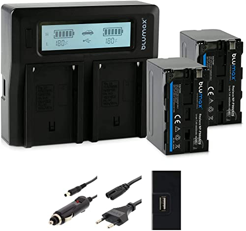 Blumax 2X Akku NP-F550 6600mAh + Doppelladegerät kompatibel mit Sony NPF550 Dual Charger NP-F970 NP-F960 NP-F750 | 2 Akkus gleichzeitig Laden